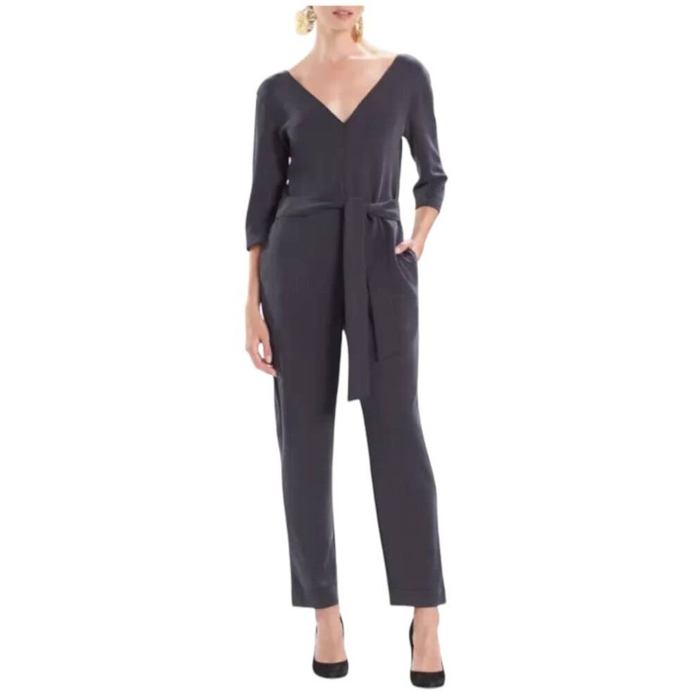 Natori NWT Mia Sanded Jersey Tie-Waist Jumpsuit Size M V-Neck V-Back Black Gray